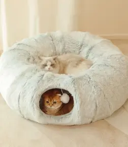 Cozy Cat Tunnel Bed with Plush Cushion – Multifunctional Foldable Nest for Indoor Cats
