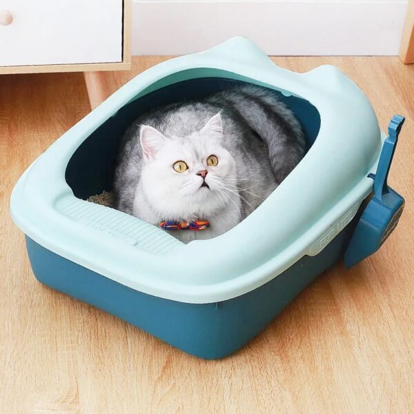 Semi-Enclosed High Border Cat Litter Box with Anti-Splash Design and Curly Tail Cat Ears